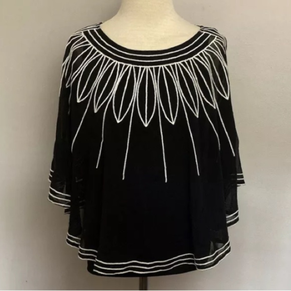5-24 Alfani Black top Blouse Cape Mesh Small Embroidered